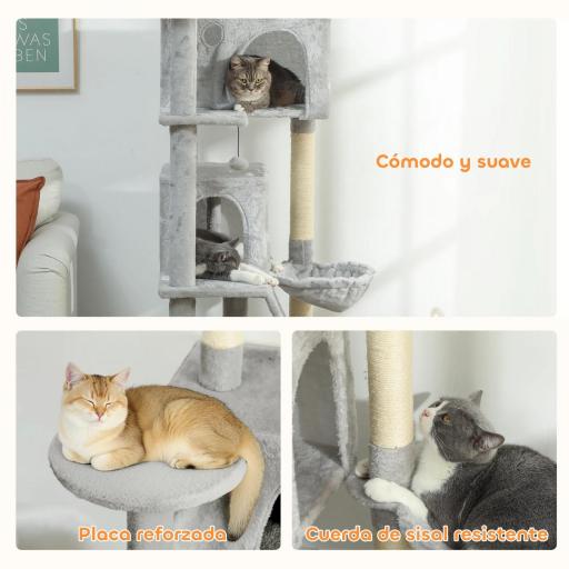 Árbol Rascador para Gatos 180 cm con Plataformas Cama 2 Cuevas Hamaca Escalera Postes de Sisal Gris Claro [3]