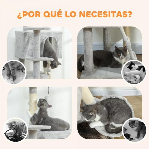 Árbol Rascador para Gatos 180 cm con Plataformas Cama 2 Cuevas Hamaca Escalera Postes de Sisal Gris Claro [4]