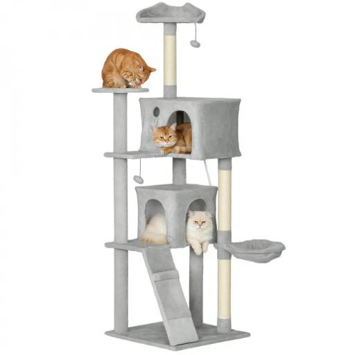 Árbol Rascador para Gatos 180 cm con Plataformas Cama 2 Cuevas Hamaca Escalera Postes de Sisal Gris Claro [7]