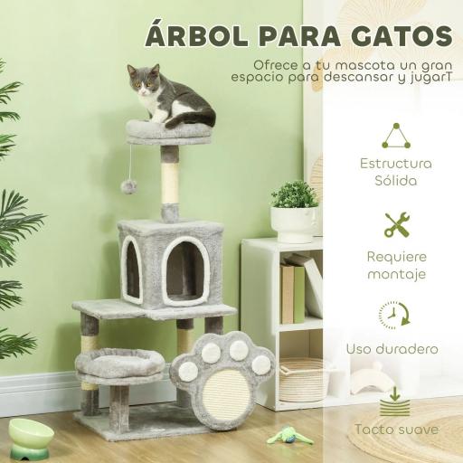 Árbol para gatos 110 cm Torre para Gatos con Nidos Cueva Plataforma Almohadilla de Rascado Bola Colgante Gris Claro [5]