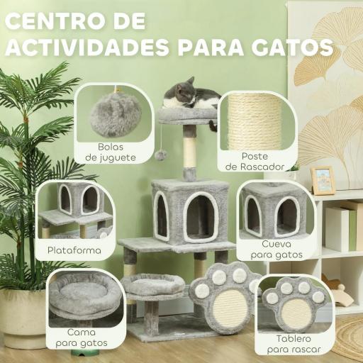 Árbol para gatos 110 cm Torre para Gatos con Nidos Cueva Plataforma Almohadilla de Rascado Bola Colgante Gris Claro [2]