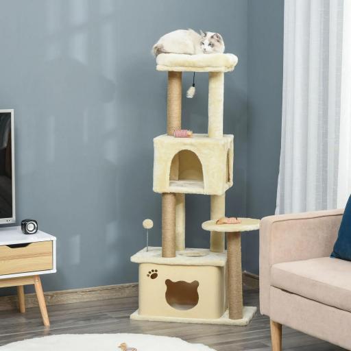 Árbol Rascador para Gatos Grande 60x34x136 cm Árbol para Gatos con Plataformas Cuevas de Felpa Postes de Yute Beige