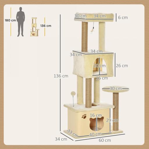 Árbol Rascador para Gatos Grande 60x34x136 cm Árbol para Gatos con Plataformas Cuevas de Felpa Postes de Yute Beige [1]