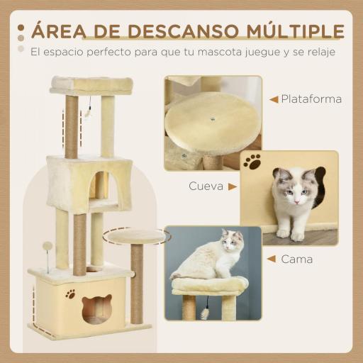 Árbol Rascador para Gatos Grande 60x34x136 cm Árbol para Gatos con Plataformas Cuevas de Felpa Postes de Yute Beige [3]