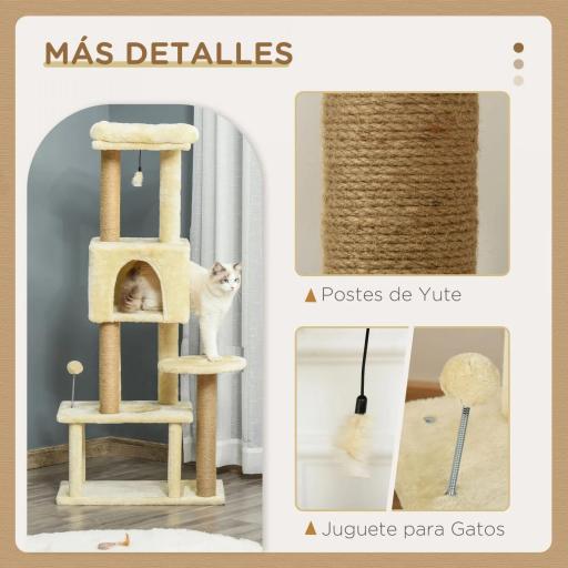 Árbol Rascador para Gatos Grande 60x34x136 cm Árbol para Gatos con Plataformas Cuevas de Felpa Postes de Yute Beige [5]