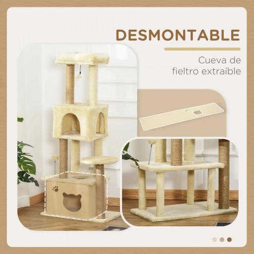 Árbol Rascador para Gatos Grande 60x34x136 cm Árbol para Gatos con Plataformas Cuevas de Felpa Postes de Yute Beige [4]