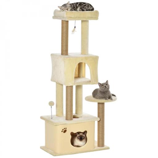 Árbol Rascador para Gatos Grande 60x34x136 cm Árbol para Gatos con Plataformas Cuevas de Felpa Postes de Yute Beige [9]