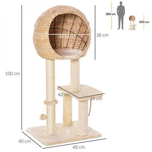 Árbol Rascador para Gatos 48x40x100 cm Torre de Escalada con Plataformas Caseta de Totora Bola y Cuerda de Juego Poste de Sisal Beige [1]