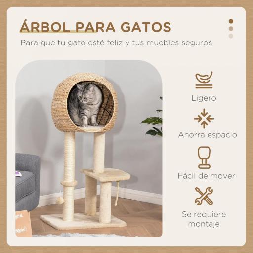 Árbol Rascador para Gatos 48x40x100 cm Torre de Escalada con Plataformas Caseta de Totora Bola y Cuerda de Juego Poste de Sisal Beige [2]