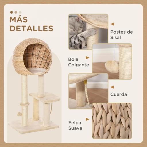 Árbol Rascador para Gatos 48x40x100 cm Torre de Escalada con Plataformas Caseta de Totora Bola y Cuerda de Juego Poste de Sisal Beige [3]