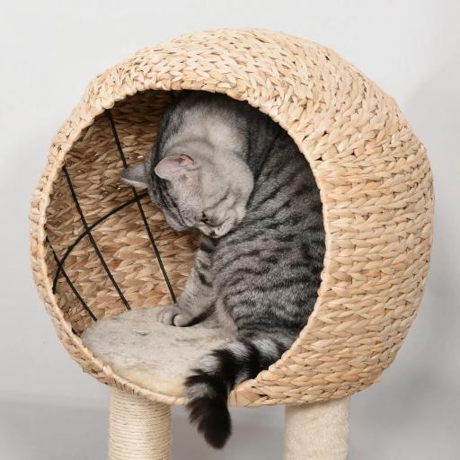 Árbol Rascador para Gatos 48x40x100 cm Torre de Escalada con Plataformas Caseta de Totora Bola y Cuerda de Juego Poste de Sisal Beige [5]