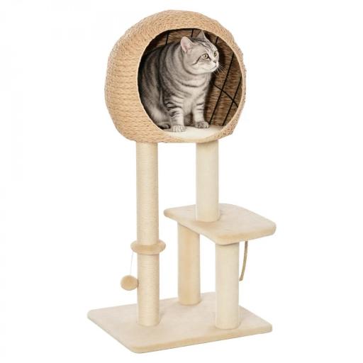 Árbol Rascador para Gatos 48x40x100 cm Torre de Escalada con Plataformas Caseta de Totora Bola y Cuerda de Juego Poste de Sisal Beige [8]
