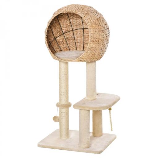 Árbol Rascador para Gatos 48x40x100 cm Torre de Escalada con Plataformas Caseta de Totora Bola y Cuerda de Juego Poste de Sisal Beige [9]
