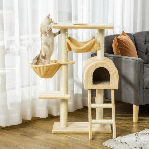 Árbol Rascador para Gatos Altura 98 cm Torre Escalador con Cueva Cesta Hamaca Escalera Plataformas y Postes Rascadores de Sisal Natural 54x29,5x98 cm Beige