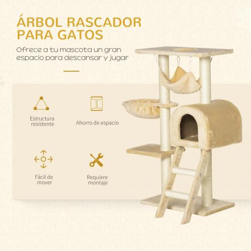 Árbol Rascador para Gatos Altura 98 cm Torre Escalador con Cueva Cesta Hamaca Escalera Plataformas y Postes Rascadores de Sisal Natural 54x29,5x98 cm Beige [2]