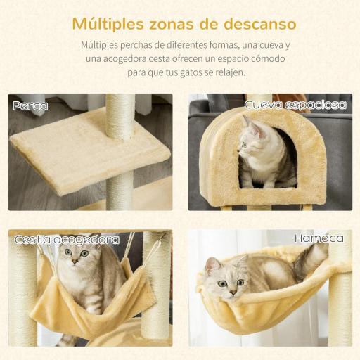 Árbol Rascador para Gatos Altura 98 cm Torre Escalador con Cueva Cesta Hamaca Escalera Plataformas y Postes Rascadores de Sisal Natural 54x29,5x98 cm Beige [3]