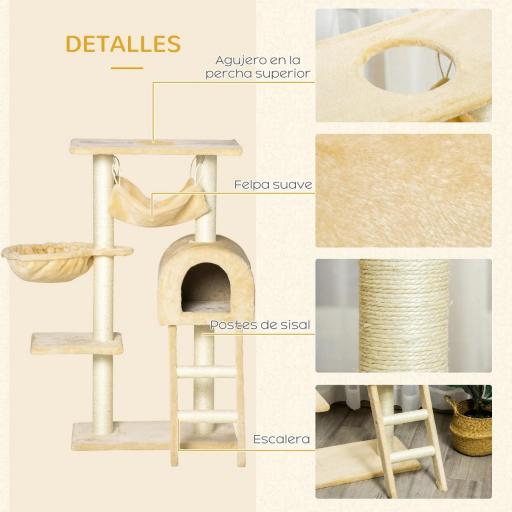 Árbol Rascador para Gatos Altura 98 cm Torre Escalador con Cueva Cesta Hamaca Escalera Plataformas y Postes Rascadores de Sisal Natural 54x29,5x98 cm Beige [4]
