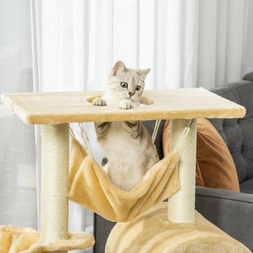 Árbol Rascador para Gatos Altura 98 cm Torre Escalador con Cueva Cesta Hamaca Escalera Plataformas y Postes Rascadores de Sisal Natural 54x29,5x98 cm Beige [5]