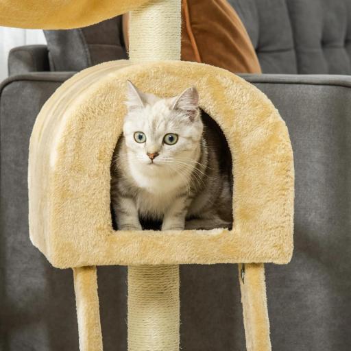 Árbol Rascador para Gatos Altura 98 cm Torre Escalador con Cueva Cesta Hamaca Escalera Plataformas y Postes Rascadores de Sisal Natural 54x29,5x98 cm Beige [7]