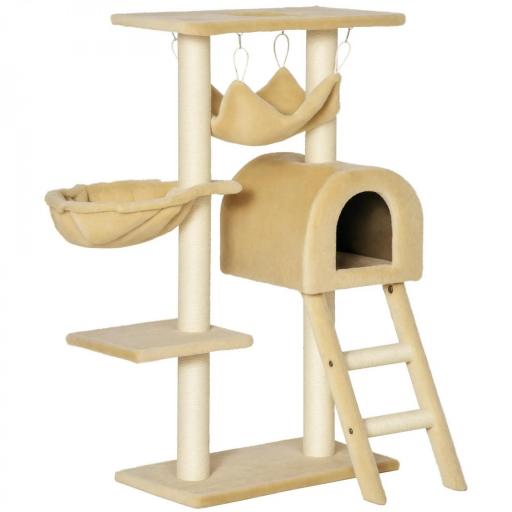 Árbol Rascador para Gatos Altura 98 cm Torre Escalador con Cueva Cesta Hamaca Escalera Plataformas y Postes Rascadores de Sisal Natural 54x29,5x98 cm Beige [8]