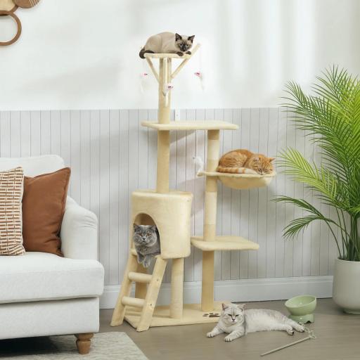Árbol Rascador para Gatos Altura 134 cm con 6 Postes 3 Plataformas Cueva Hamaca Escalera 4 Juguetes Colgantes Beige