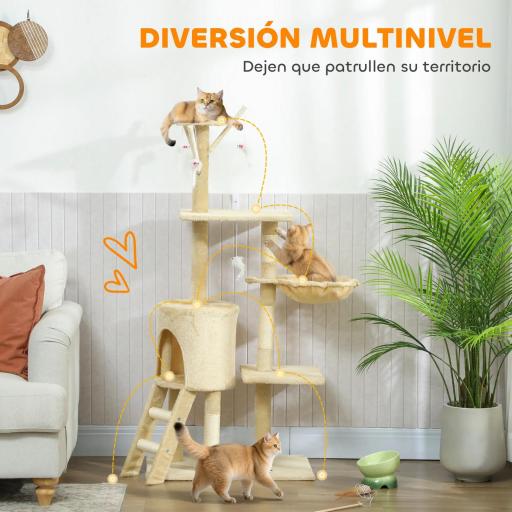 Árbol Rascador para Gatos Altura 134 cm con 6 Postes 3 Plataformas Cueva Hamaca Escalera 4 Juguetes Colgantes Beige [2]
