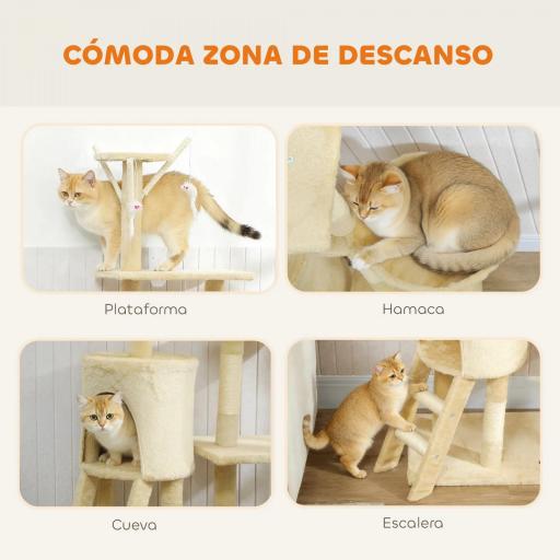 Árbol Rascador para Gatos Altura 134 cm con 6 Postes 3 Plataformas Cueva Hamaca Escalera 4 Juguetes Colgantes Beige [3]