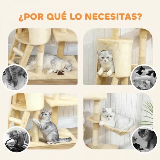 Árbol Rascador para Gatos Altura 134 cm con 6 Postes 3 Plataformas Cueva Hamaca Escalera 4 Juguetes Colgantes Beige [5]