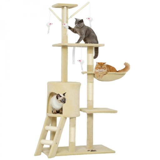 Árbol Rascador para Gatos Altura 134 cm con 6 Postes 3 Plataformas Cueva Hamaca Escalera 4 Juguetes Colgantes Beige [7]