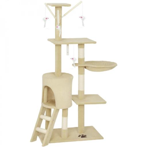 Árbol Rascador para Gatos Altura 134 cm con 6 Postes 3 Plataformas Cueva Hamaca Escalera 4 Juguetes Colgantes Beige [8]