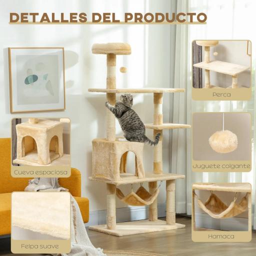 Árbol Rascador para Gatos Grande 70x40x152 cm Torre para Gatos con Múltiples Plataformas Cueva Hamaca Postes Beige [5]
