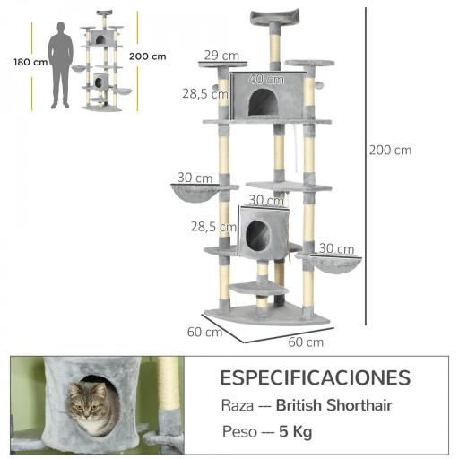 Árbol Rascador para Gatos 200 cm Torre para Gatos con 2 Cuevas 2 Hamacas Cama Postes de Sisal 60x60x200 cm Gris [1]