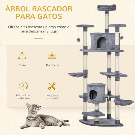 Árbol Rascador para Gatos 200 cm Torre para Gatos con 2 Cuevas 2 Hamacas Cama Postes de Sisal 60x60x200 cm Gris [2]