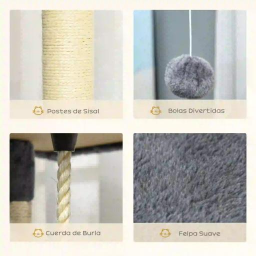 Árbol Rascador para Gatos 200 cm Torre para Gatos con 2 Cuevas 2 Hamacas Cama Postes de Sisal 60x60x200 cm Gris [3]