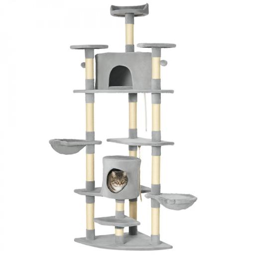 Árbol Rascador para Gatos 200 cm Torre para Gatos con 2 Cuevas 2 Hamacas Cama Postes de Sisal 60x60x200 cm Gris [8]