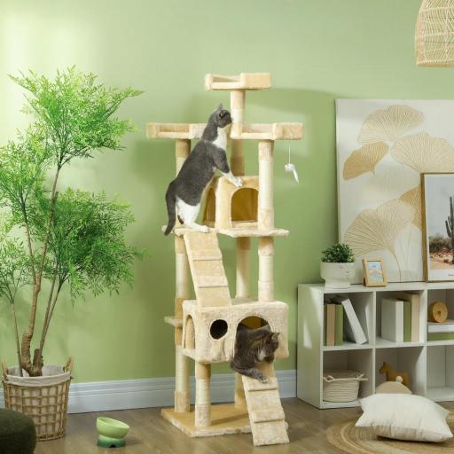 Árbol Rascador para Gatos, Árbol para Gatos 173 cm, Torre Escalador con 4 Plataformas, Rampas, 2 Cuevas, 3 Camas, Postes de Sisal, Juguetes Colgantes, Beige