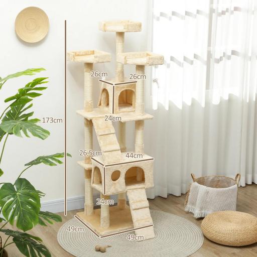 Árbol Rascador para Gatos, Árbol para Gatos 173 cm, Torre Escalador con 4 Plataformas, Rampas, 2 Cuevas, 3 Camas, Postes de Sisal, Juguetes Colgantes, Beige [1]