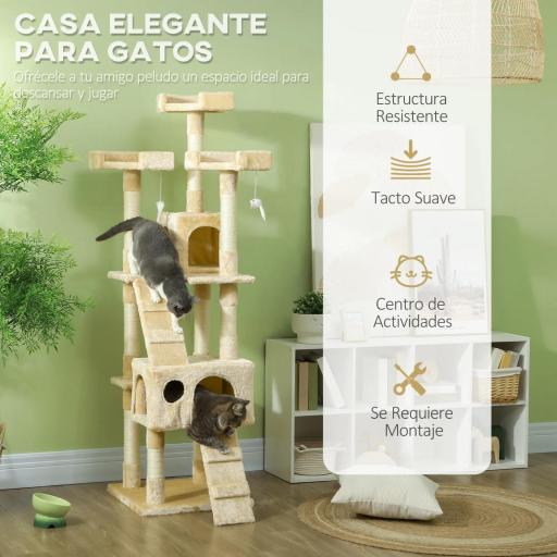 Árbol Rascador para Gatos, Árbol para Gatos 173 cm, Torre Escalador con 4 Plataformas, Rampas, 2 Cuevas, 3 Camas, Postes de Sisal, Juguetes Colgantes, Beige [2]