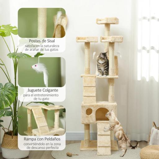 Árbol Rascador para Gatos, Árbol para Gatos 173 cm, Torre Escalador con 4 Plataformas, Rampas, 2 Cuevas, 3 Camas, Postes de Sisal, Juguetes Colgantes, Beige [3]