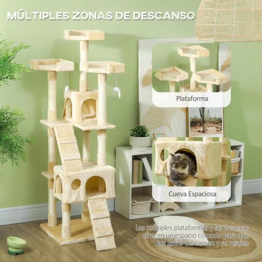 Árbol Rascador para Gatos, Árbol para Gatos 173 cm, Torre Escalador con 4 Plataformas, Rampas, 2 Cuevas, 3 Camas, Postes de Sisal, Juguetes Colgantes, Beige [4]