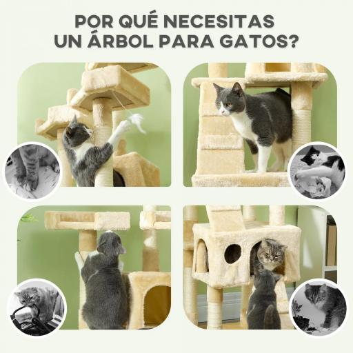 Árbol Rascador para Gatos, Árbol para Gatos 173 cm, Torre Escalador con 4 Plataformas, Rampas, 2 Cuevas, 3 Camas, Postes de Sisal, Juguetes Colgantes, Beige [5]