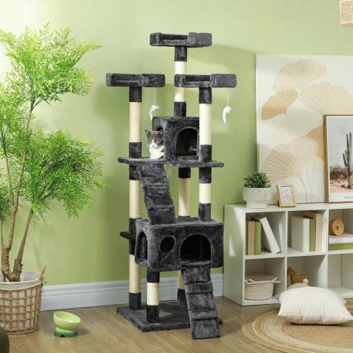 Árbol Rascador para Gatos Grande 49x49x173 cm con Múltiples Niveles con Cuevas Escaleras Juguetes Colgantes Camas Centro Actividades Sisal Gris