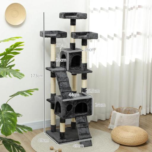 Árbol Rascador para Gatos Grande 49x49x173 cm con Múltiples Niveles con Cuevas Escaleras Juguetes Colgantes Camas Centro Actividades Sisal Gris [1]