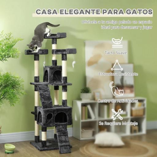 Árbol Rascador para Gatos Grande 49x49x173 cm con Múltiples Niveles con Cuevas Escaleras Juguetes Colgantes Camas Centro Actividades Sisal Gris [3]