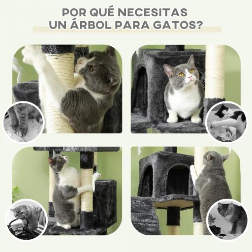 Árbol Rascador para Gatos Grande 49x49x173 cm con Múltiples Niveles con Cuevas Escaleras Juguetes Colgantes Camas Centro Actividades Sisal Gris [6]
