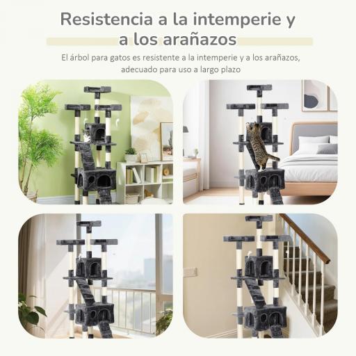 Árbol Rascador para Gatos Grande 49x49x173 cm con Múltiples Niveles con Cuevas Escaleras Juguetes Colgantes Camas Centro Actividades Sisal Gris [5]