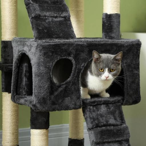 Árbol Rascador para Gatos Grande 49x49x173 cm con Múltiples Niveles con Cuevas Escaleras Juguetes Colgantes Camas Centro Actividades Sisal Gris [7]