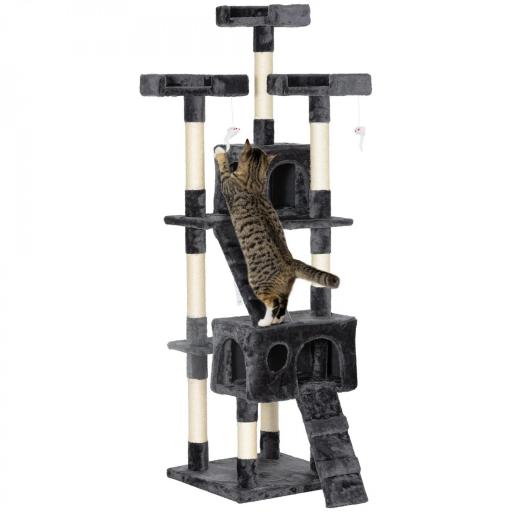 Árbol Rascador para Gatos Grande 49x49x173 cm con Múltiples Niveles con Cuevas Escaleras Juguetes Colgantes Camas Centro Actividades Sisal Gris [9]