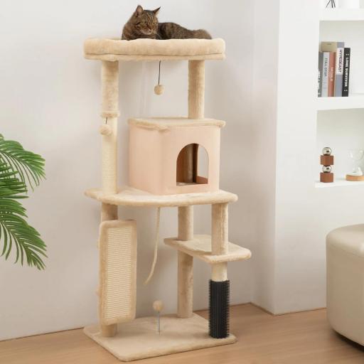 Árbol Rascador para Gatos 132 cm con Plataformas Poste con Cepillo Bolas Colgantes y Almohadilla para Rascar Beige
