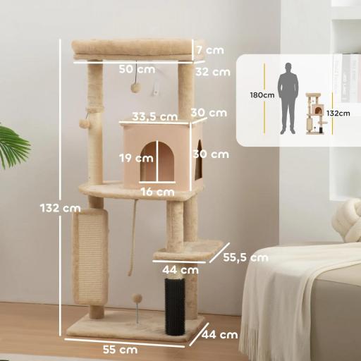 Árbol Rascador para Gatos 132 cm con Plataformas Poste con Cepillo Bolas Colgantes y Almohadilla para Rascar Beige [1]